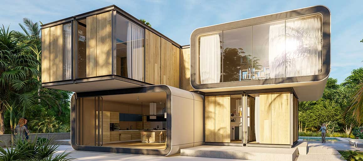 3D rendering of an stylish modern house with pool and garden