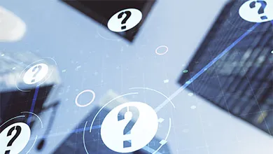 Abstract virtual question mark illustration on office buildings background. FAQ and search concept.