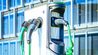 An electric vehicle charging station with several bright green cables is positioned in front of a glass building.