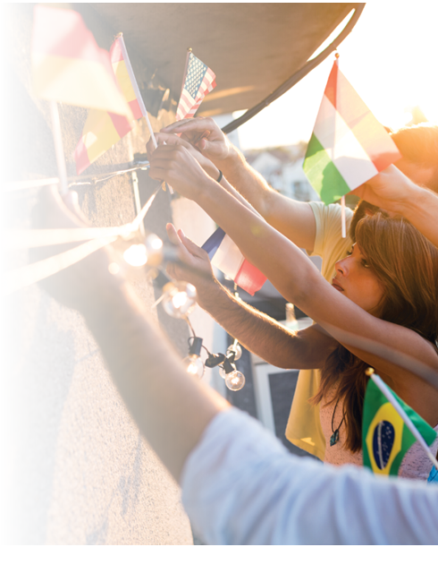 Happy young friends of younger generations and different culutres having fun, promoting peace without racial prejudices